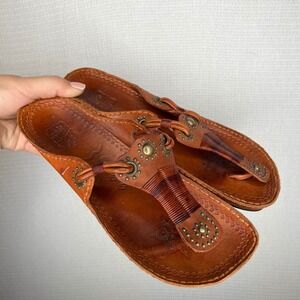 Artisan Tan Leather Stud-Embellished Thong Sandals